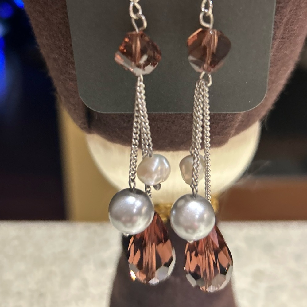 ❤️Elegant Brown Crystal & Pearl Drop Dangle Earrings-silver Tone - Picture 2 of 3